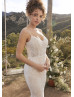 V Neck Beaded Ivory Lace Elegant Wedding Dress